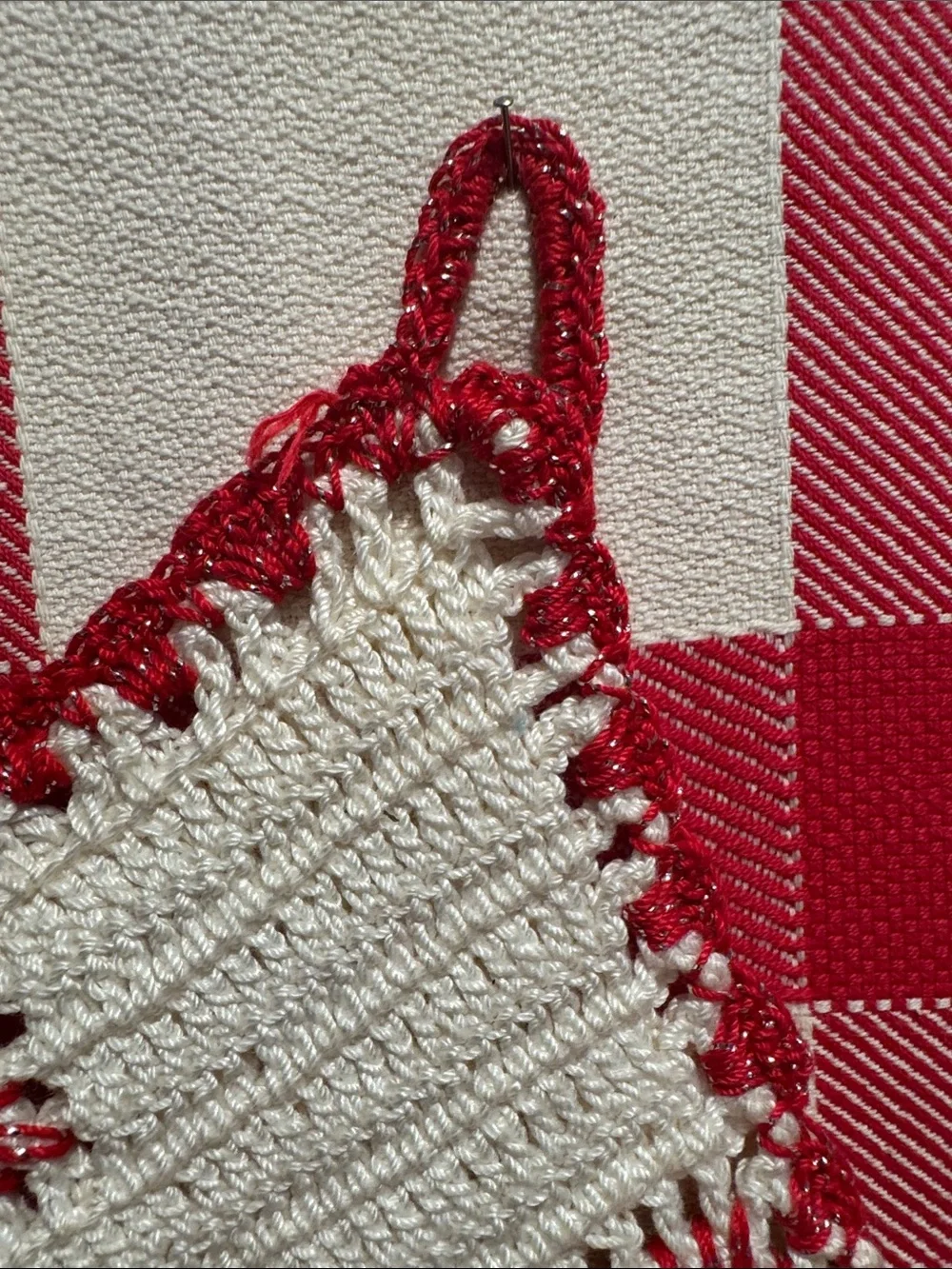 Handmade Cream and Red Crochet Pot Holder